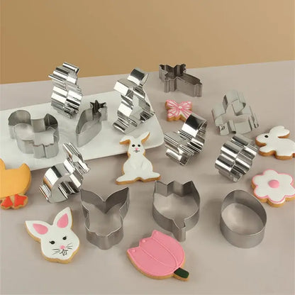 Set of shiny stainless steel easter cookie cutter set in bunny tulip and flower shapes for baking use