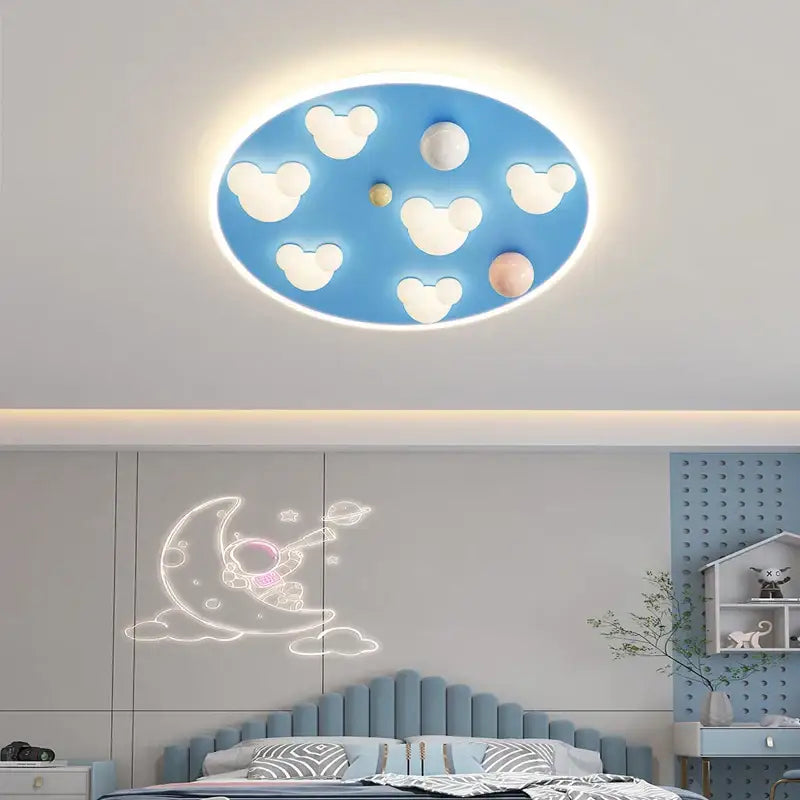 Blue oval cloud shape ceiling light with white mickey mouse heads and colorful accents for decorbites cloud shape decorbites ceiling lights