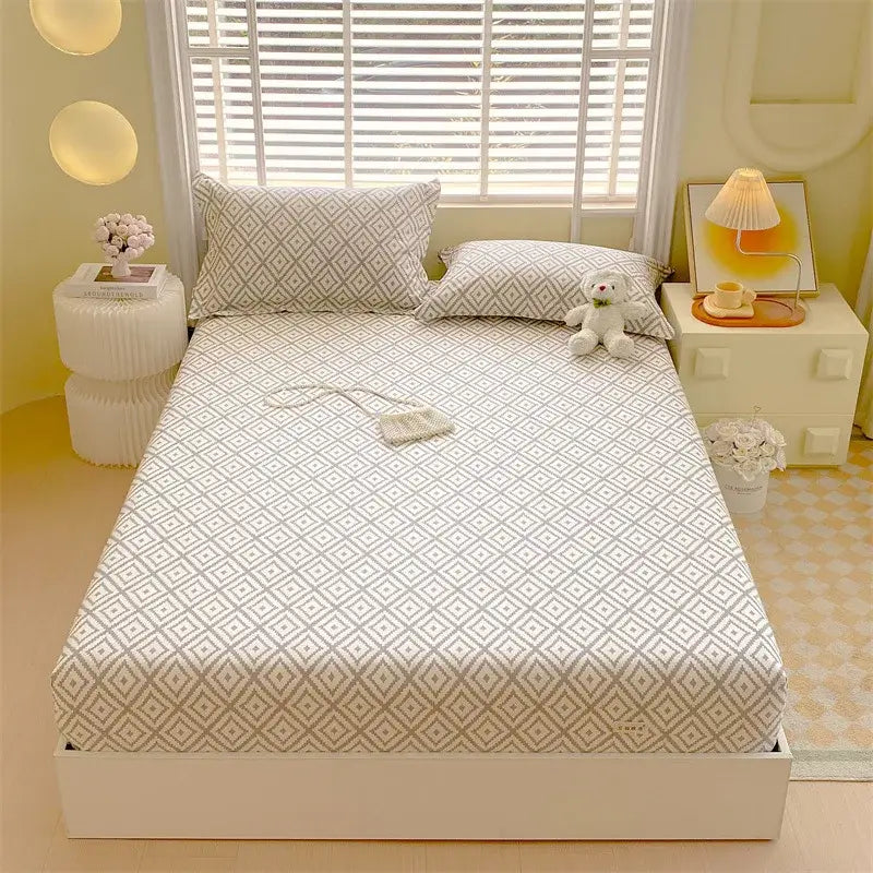 A soft white cotton striped fitted sheet with subtle gray geometric diamond pattern for bedroom decorbites bedding