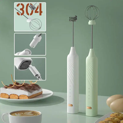 Two sleek pastel pink and blue electric milk frothers with ribbed textures for kitchen coffee mixing