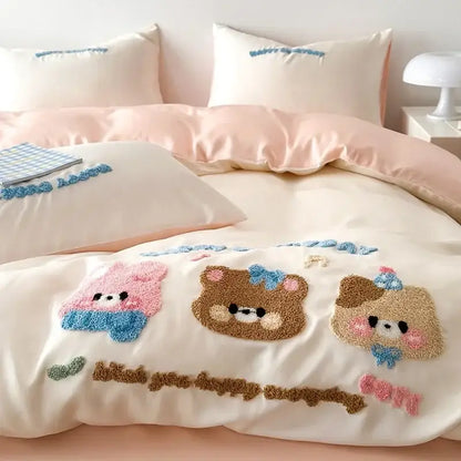 Cream-colored cotton bedding set with plush pastel pink and brown decorbites cartoon embroidery bear faces