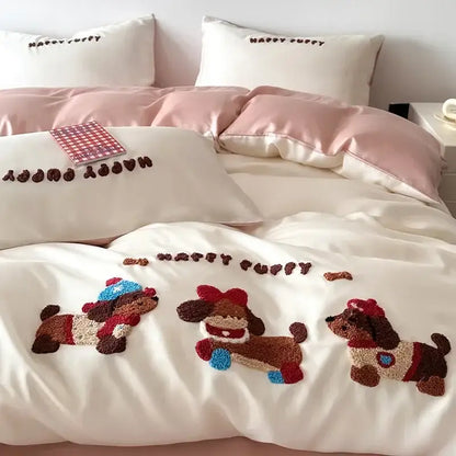 Cream-colored duvet cover with three embroidered puppies and happy puppy text in pastel pink cartoon embroidery cotton bedding set decorbites cartoon embroidery