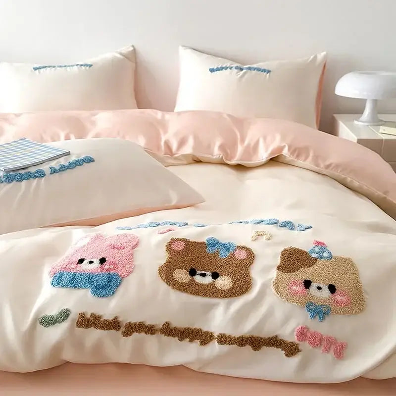 Cream-colored cotton bedding set with plush pastel pink and brown decorbites cartoon embroidery for bedroom decor