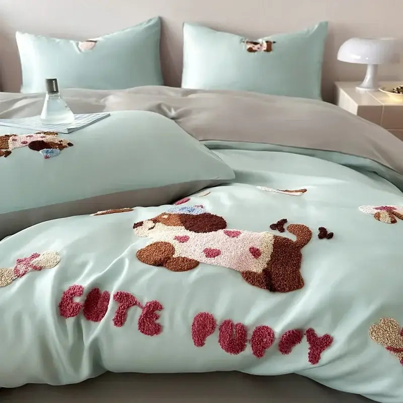 Mint green satin duvet cover with plush embroidered puppies and pink cute puppy lettering from decorbites cartoon embroidery cotton bedding set