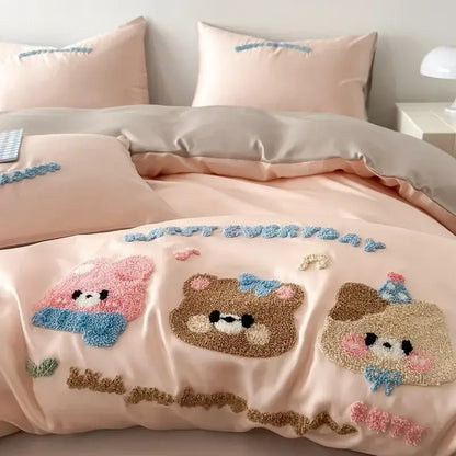 Pastel pink satin duvet cover with plush embroidered cartoon animals and blue bows in decorbites cartoon embroidery cotton bedding set