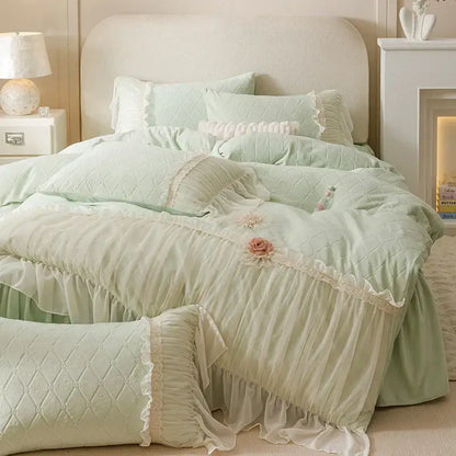 Mint green quilted bedding set with delicate lace trim and floral appliqués by decorbites cozy velvet lace collection