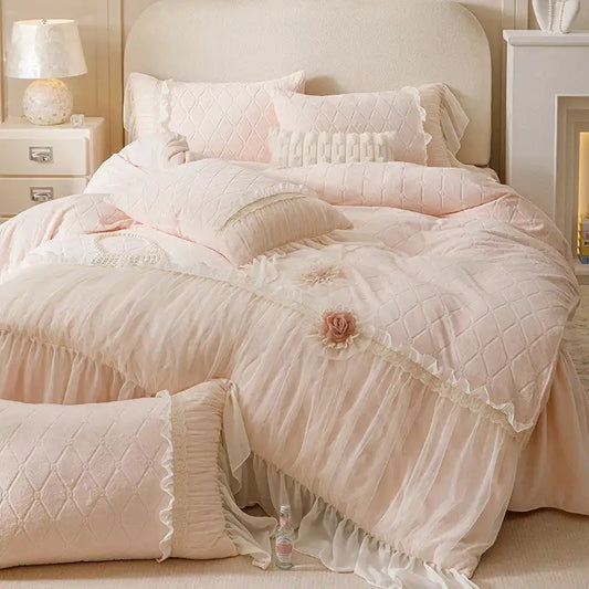 Pastel pink cozy velvet lace bedding set with quilted texture floral appliqués and ruffled trim by decorbites