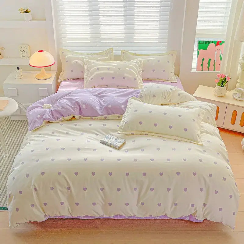 Pastel pink and cream butterfly cozy cotton bedding set with pastel lavender heart pattern and soft cozy texture
