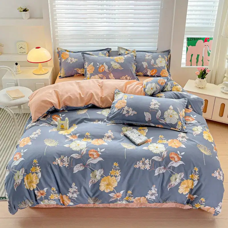 Blue floral bedding set with peach accents and matching pillow sham from decorbites cozy cotton collection