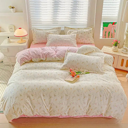 Pastel pink and cream butterfly floral bedding set with cozy cotton texture by decorbites for comfortable bedroom decor