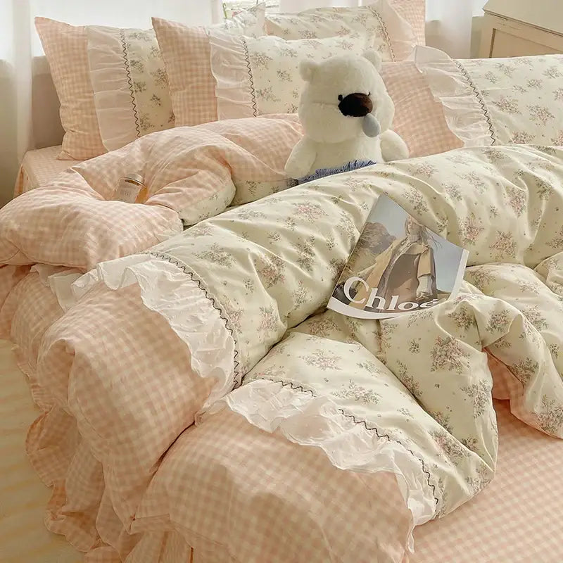 Pastel pink and cream decorbites cotton small florals bedding set with delicate ruffled edges for elegant bedroom decor