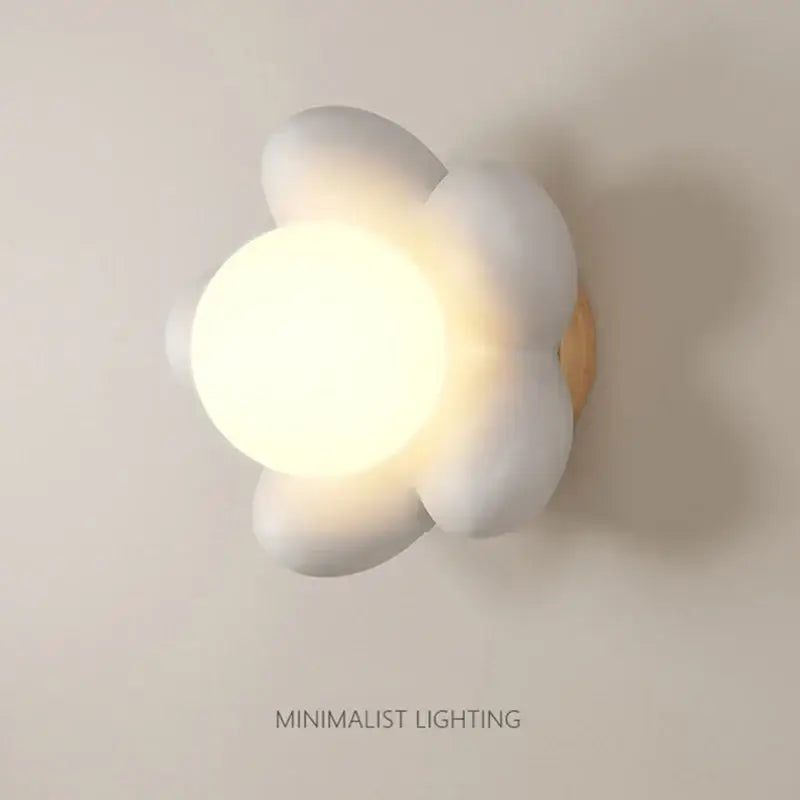 Pastel pink cream flower wall lamp with white ceramic flower-shaped cream flower wall and wooden base for bedroom lighting