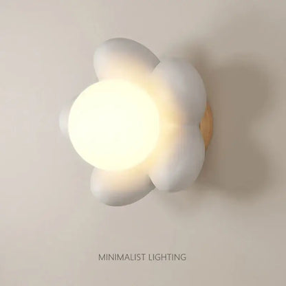 Pastel pink cream flower wall lamp with white ceramic flower-shaped cream flower wall and wooden base for bedroom lighting