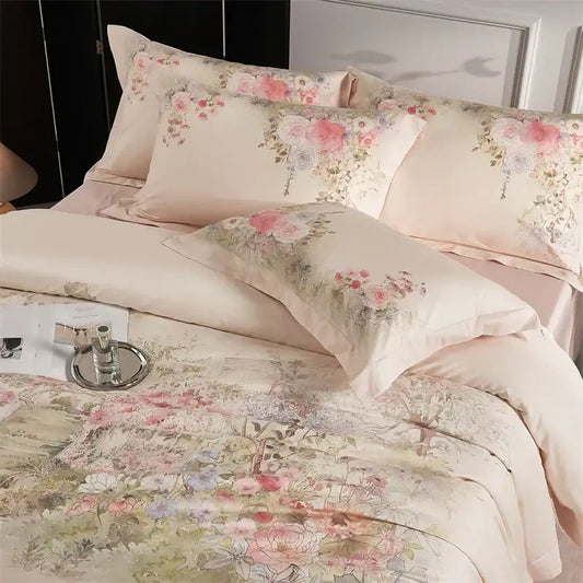 Pastel pink floral egyptian cotton bedding set with delicate rose and botanical prints on satin-like duvet cover
