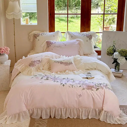 Pastel pink flowers lace ruffles bedding set with cream floral decorbites flowers lace and embroidered butterfly details