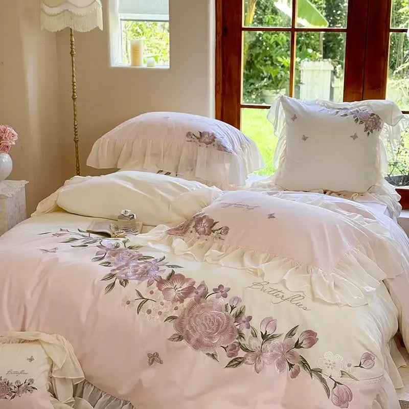 Pastel pink flowers lace ruffles bedding set with delicate ruffles and embroidered lavender roses for bedroom decorbites decor