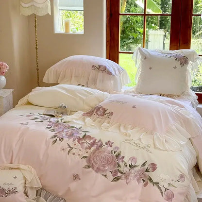 Pastel pink flowers lace ruffles bedding set with delicate ruffles and embroidered lavender roses for bedroom decorbites decor