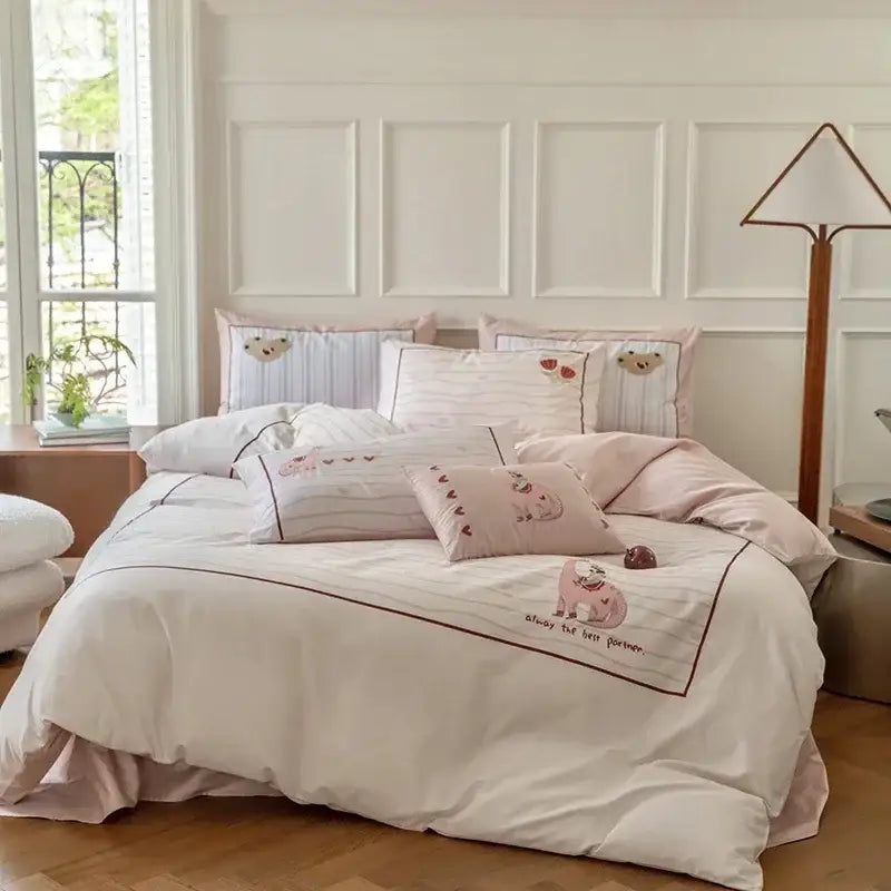 Pastel pink and gray decorbites cotton embroidered pig-themed bedding set with soft cotton texture for bedroom use