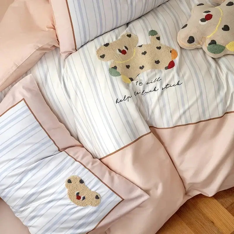 Pastel pink and light blue striped decorbites cotton embroidered bedding set with teddy bear motifs for bedroom decor