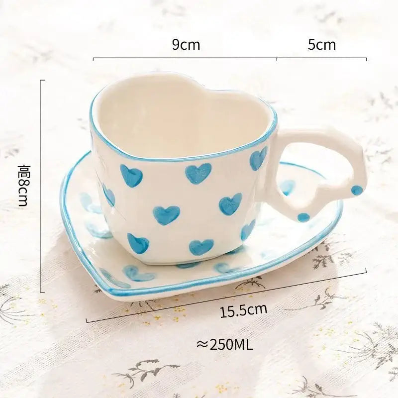 White ceramic heart-shaped 250ml coffee cup with blue hearts and matching saucer glossy finish dining room ceramic