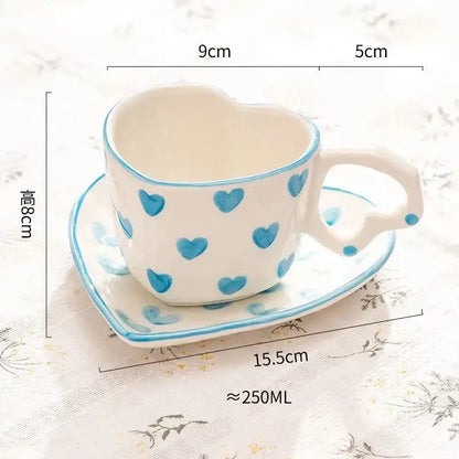 White ceramic heart-shaped 250ml coffee cup with blue hearts and matching saucer glossy finish dining room ceramic