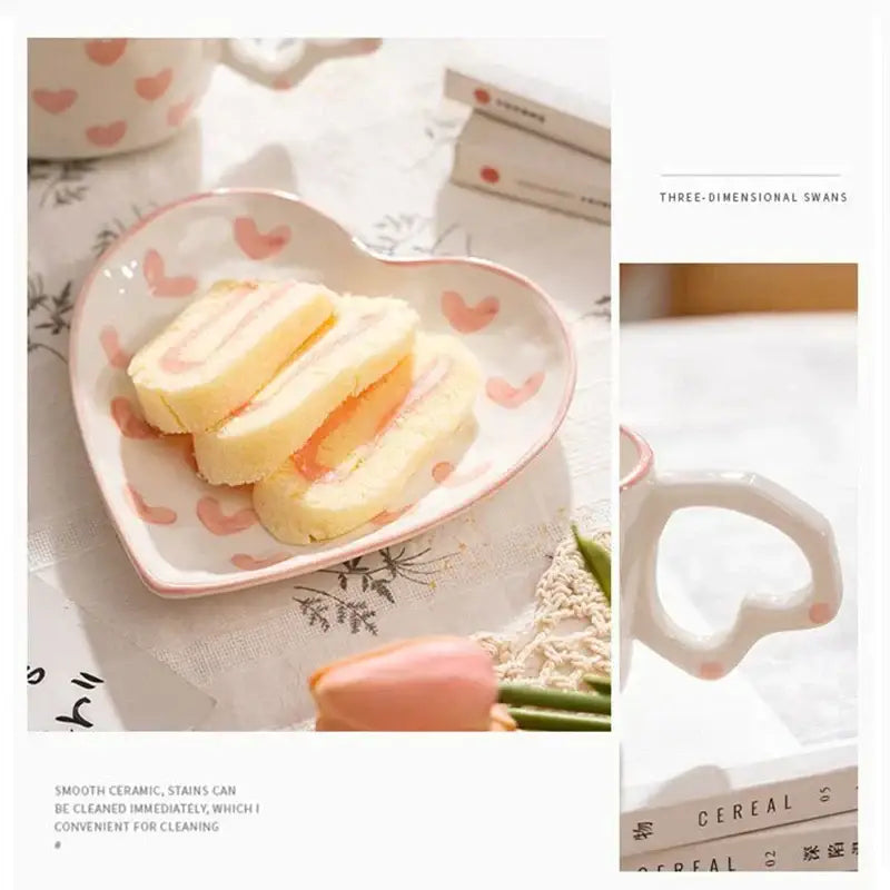 Heart-shaped ceramic dish with pink heart patterns and glossy finish complements pastel polka dot 250ml coffee cup