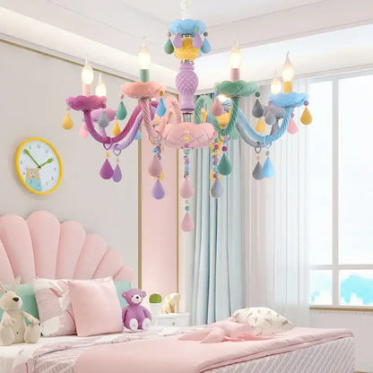 Pastel rainbow decorbites crystal candle chandelier with rainbow-hued arms and teardrop ornaments for bedroom light