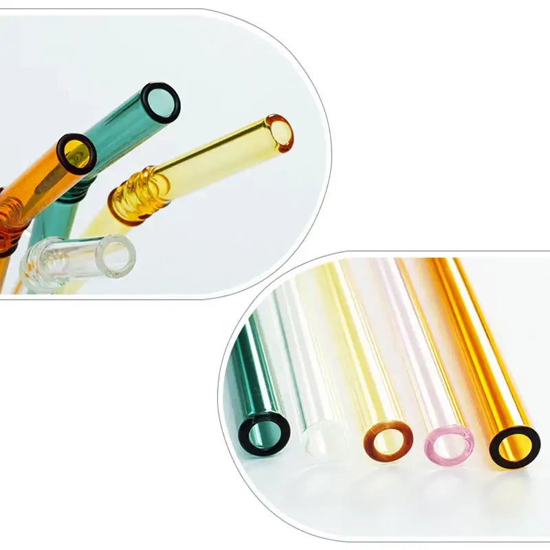Pastel ridged glass straws set featuring clear amber green and pink glass straws with black-rimmed ends by decorbites