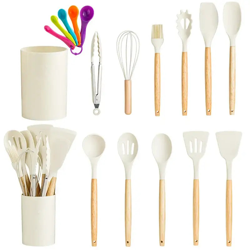 Pastel silicone kitchen utensils set with wooden handles includes spoons spatulas whisk tongs and measuring cups in ceramic cup
