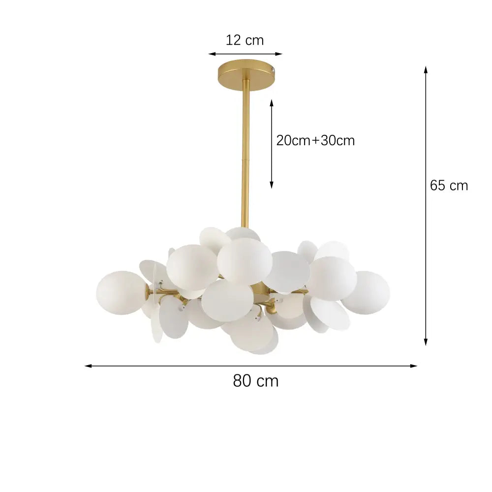 A modern decorbites colorful chandelier pendant lamp with gold metal frame and white frosted glass globes for dining room