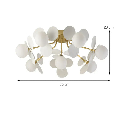 Modern gold-toned chandelier pendant lamp with frosted white glass shades in a colorful decorbites colorful chandelier design