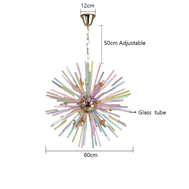 Pastel pastel-colored glass tube dandelion chandelier pendant light with gold-toned fixture and adjustable chain for bedroom decorbites dandelion chandelier glass