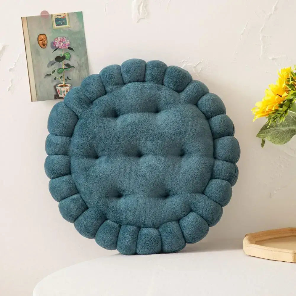 Teal cookie biscuit cushion soft throw pillow with tufted design and scalloped plush edge for living room decorbites decor