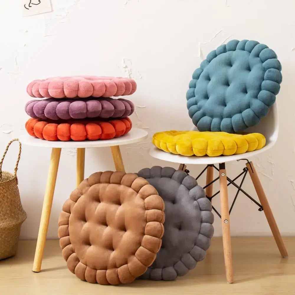 Pastel tufted cookie biscuit cushion soft throw pillow in pink purple orange brown and gray for living room decorbites cookie biscuit