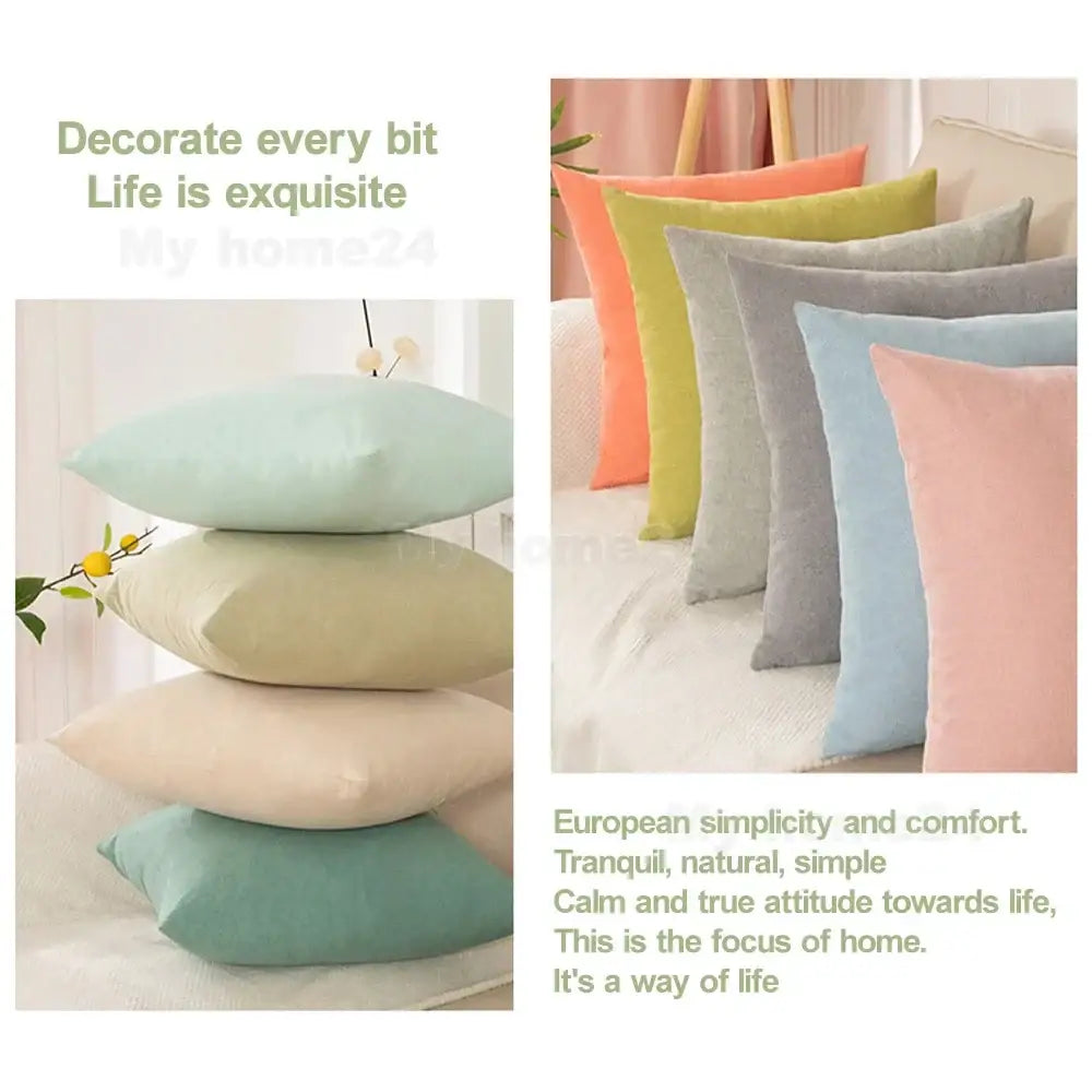 Stack of pastel velvet rectangular pillow cover set in mint beige and teal hues for living room decor