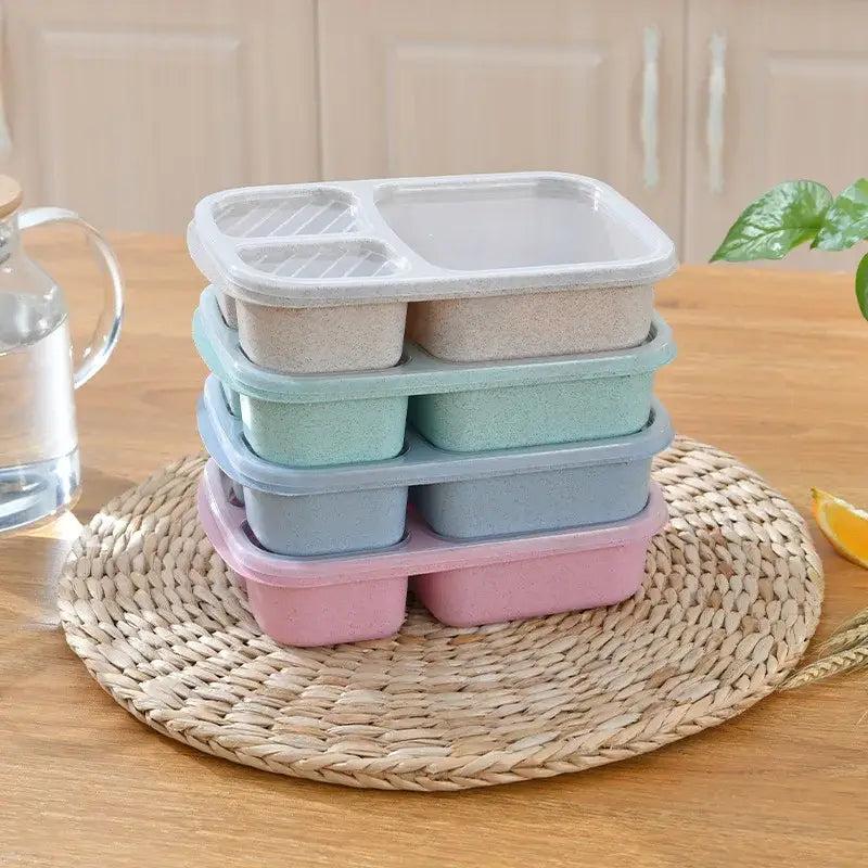 Stacked pastel wheat straw bento box set with three compartment translucent lids made of eco-friendly textured plastic
