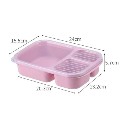 Pink plastic pastel wheat straw bento box set with three compartments for kitchen lunch storage
