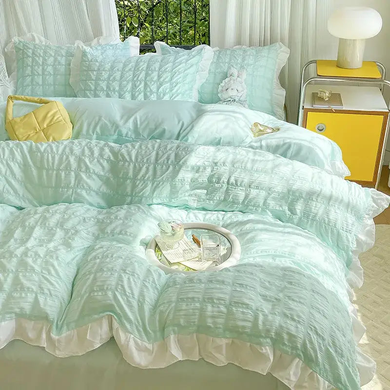 Pastel yellow bubble cotton lace bedding set with mint green quilted design white ruffled edges and matching pillows