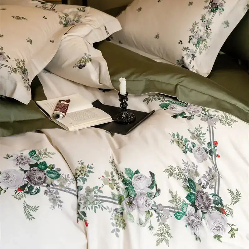 Cream-colored bedding set with delicate green gray and soft red floral embroidery 1000tc egyptian cotton