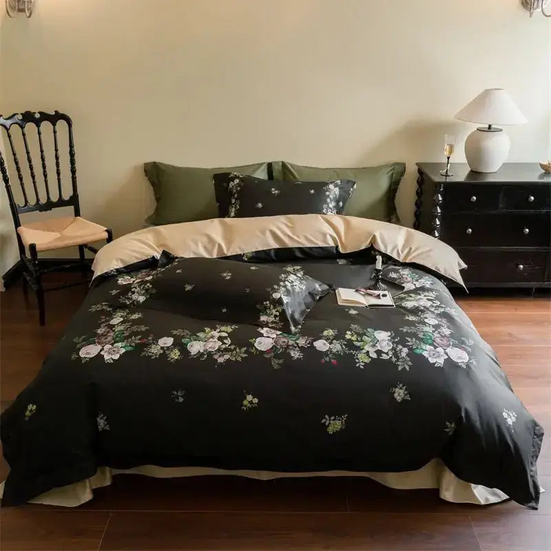 Black floral duvet cover set with cream inner lining and pillowcases in pastoral olive green beige 1000tc egyptian cotton bedding set