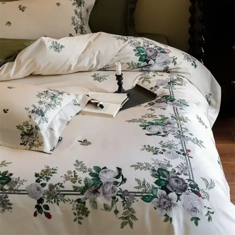 Cream-colored pastoral olive green and beige bedding set with elegant gray rose floral pattern in 1000tc egyptian cotton