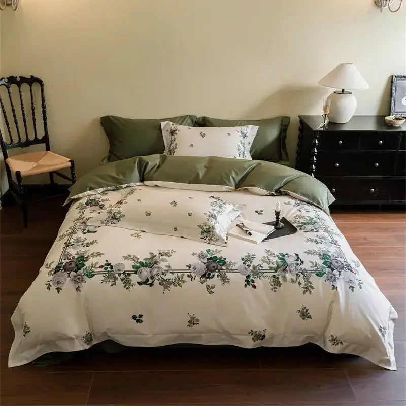 Pastoral olive green and beige floral 1000tc egyptian cotton bedding set in smooth fabric with vintage style