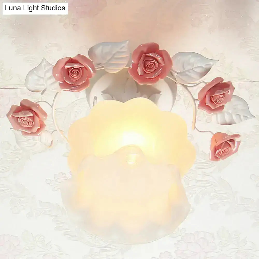 Decorbites™ pink white glass semi flush light with delicate rose headband and translucent leaves for dining room ceiling