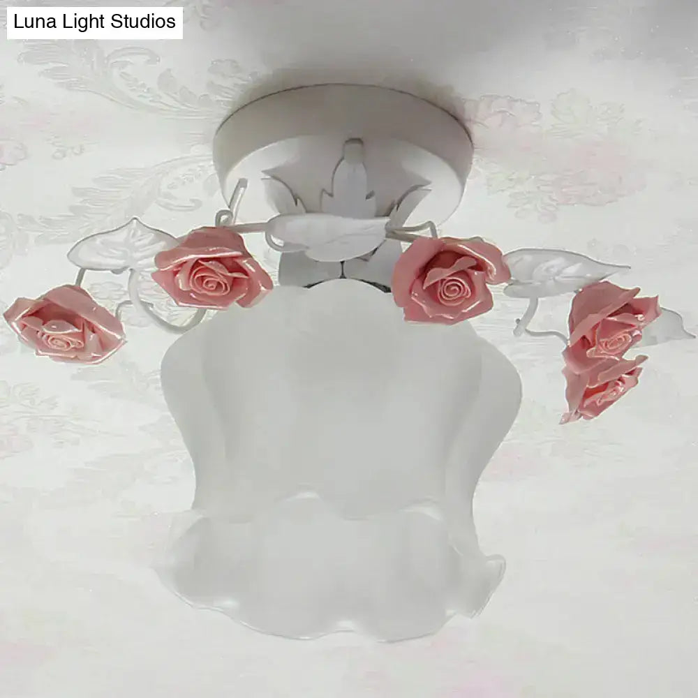 DecorBites™ pastel pink white glass semi flush light with rose ornaments and leafy accents for dining room ceiling