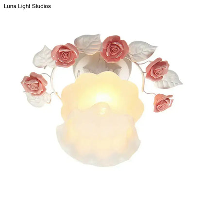 Decorbites™ pastoral style ruffle glass semi flush light with pink white rose blossoms for dining room ceiling
