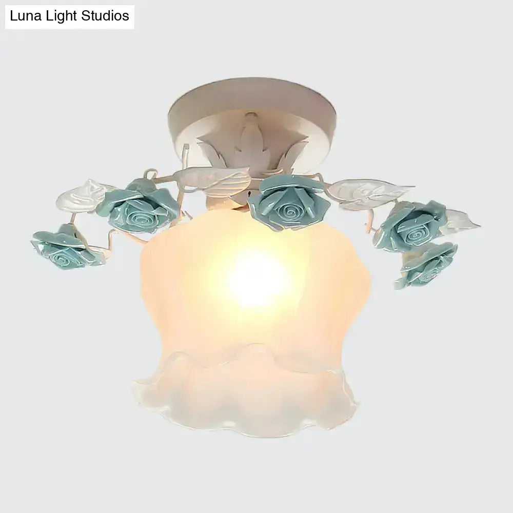 Decorbites™ pastoral style ruffle glass semi flush light with frosted shade and teal roses for dining room ceiling pink white