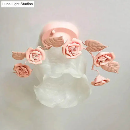 Decorbites pastel pink white glass semi flush ceiling light with sculpted rose petals for dining room ceiling
