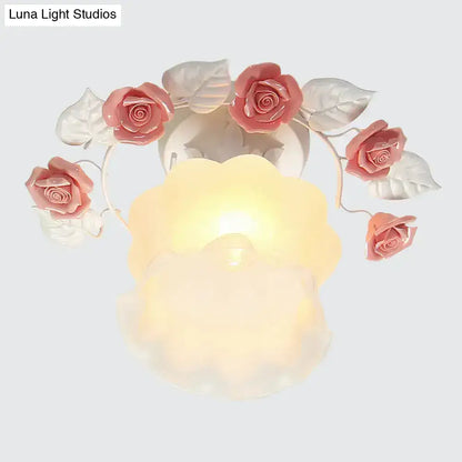 Decorbites™ pastel style ruffle glass semi flush light with pink white rose blossoms for dining room ceiling