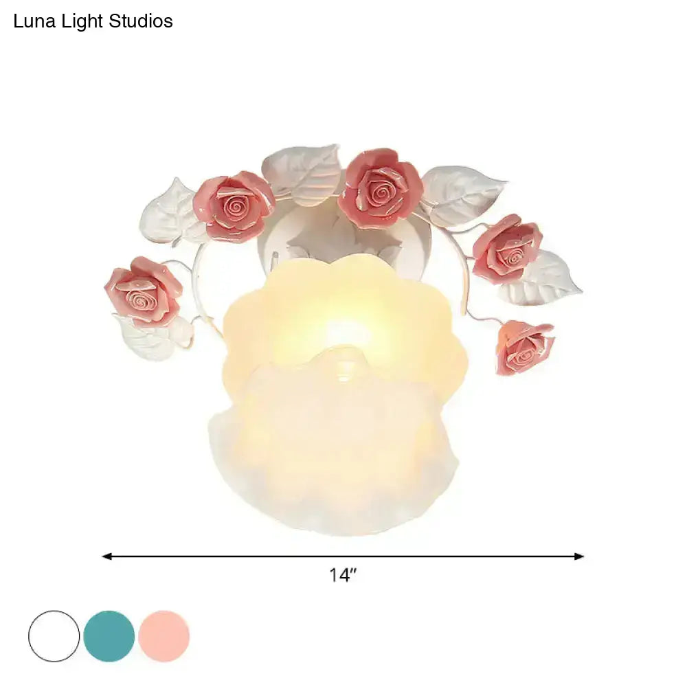 Decorbites™ pastoral style glass semi flush light with pink white rose blossoms for dining room ceiling