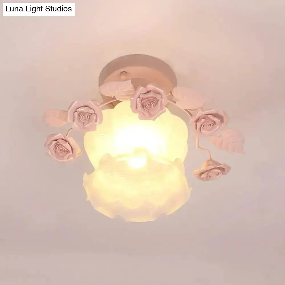 Decorbites™ pastoral style ruffle glass semi flush light in pink white with frosted shade for dining room ceiling